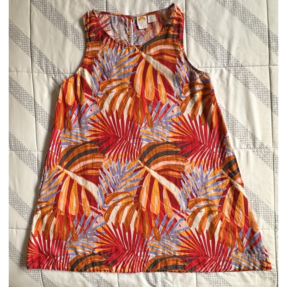 C&C California sleeveless 100% Linen Dress vibrant tropical palm leaf pattern L